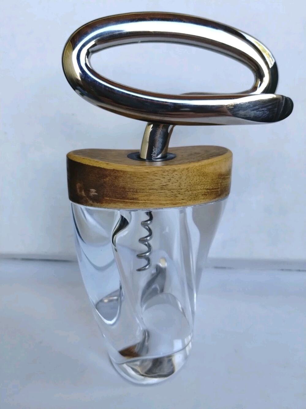 Nambe NWOB Signed Modernist Art Silver Alloy Corkscrew With Wood & Resin Stand